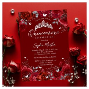 Enchanting Red Silver Floral Quinceanera Foil Invitation