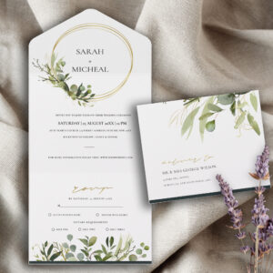 EUCALYPTUS GREEN GOLD FOLIAGE WATERCOLOR WEDDING A ALL IN ONE INVITATION