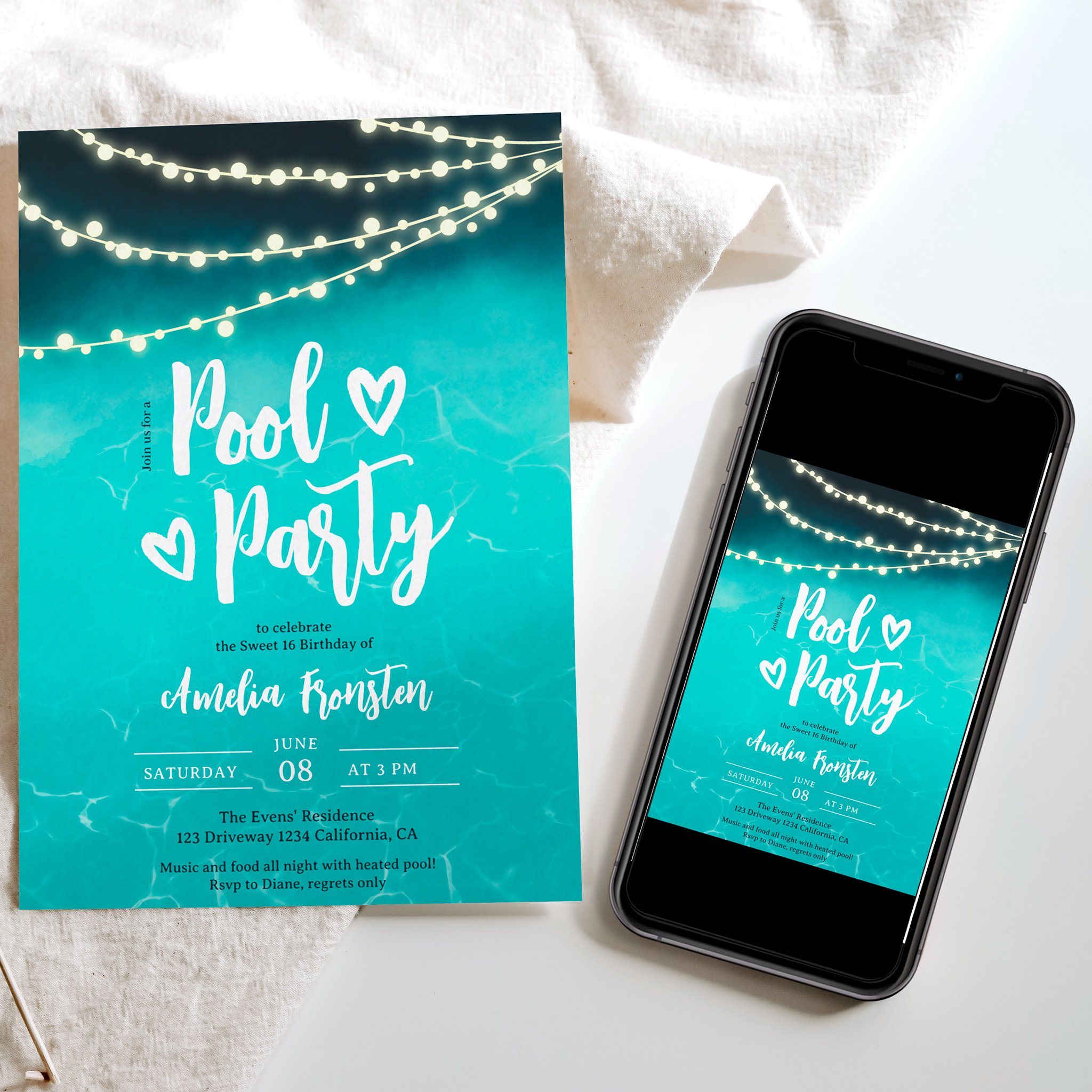 Evening String lights blue pool party Sweet 16 Invitation