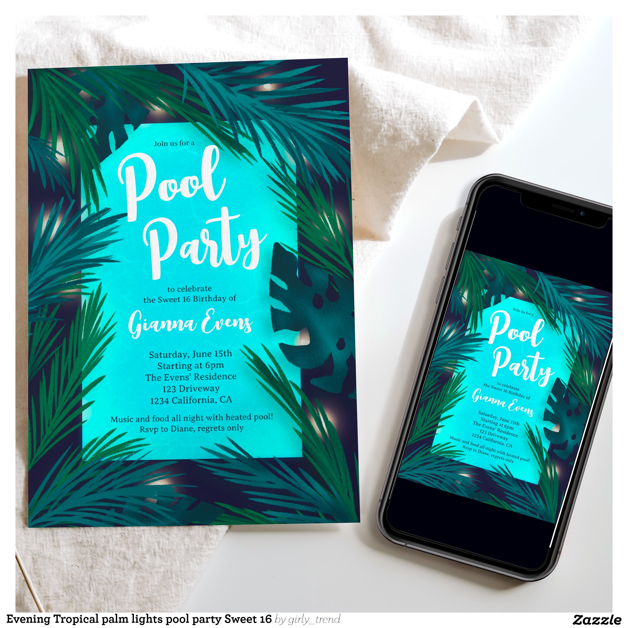 Evening Tropical palm lights pool party Sweet 16 Invitation