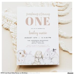 EVIE Cute Pastel Baby Bunny 1st Birthday Invitation