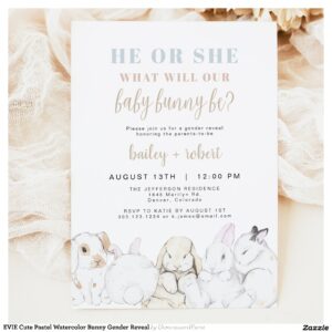 EVIE Cute Pastel Watercolor Bunny Gender Reveal Invitation