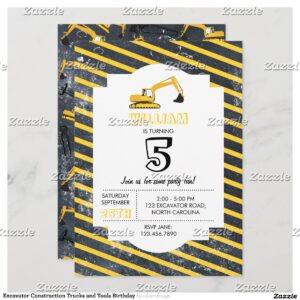 Excavator Construction Trucks and Tools Birthday Invitation