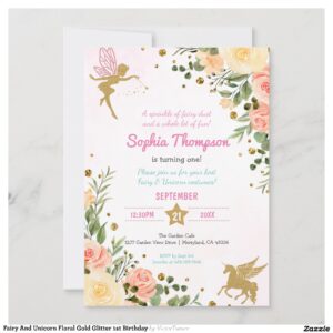 Fairy And Unicorn Floral Gold Glitter 1st Birthday Invitation