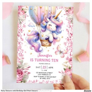 Fairy Unicorn 10th Birthday Girl Pink Unicorn Invitation