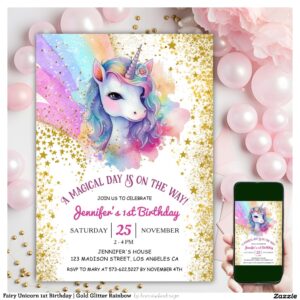 Fairy Unicorn 1st Birthday Gold Glitter Rainbow Invitation