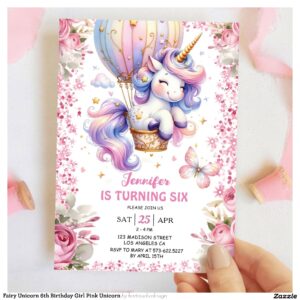 Fairy Unicorn 6th Birthday Girl Pink Unicorn Invitation