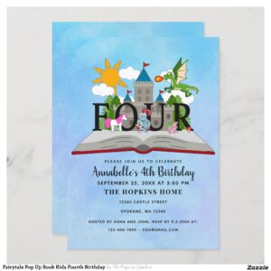 Fairytale Pop Up Book Kids Fourth Birthday Invitation