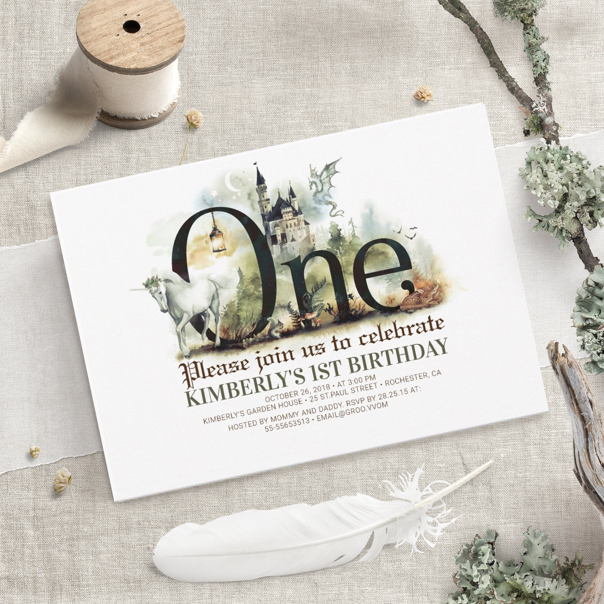 Fairytale Unicorn Dragon and Castle 1st Birthday Invitation