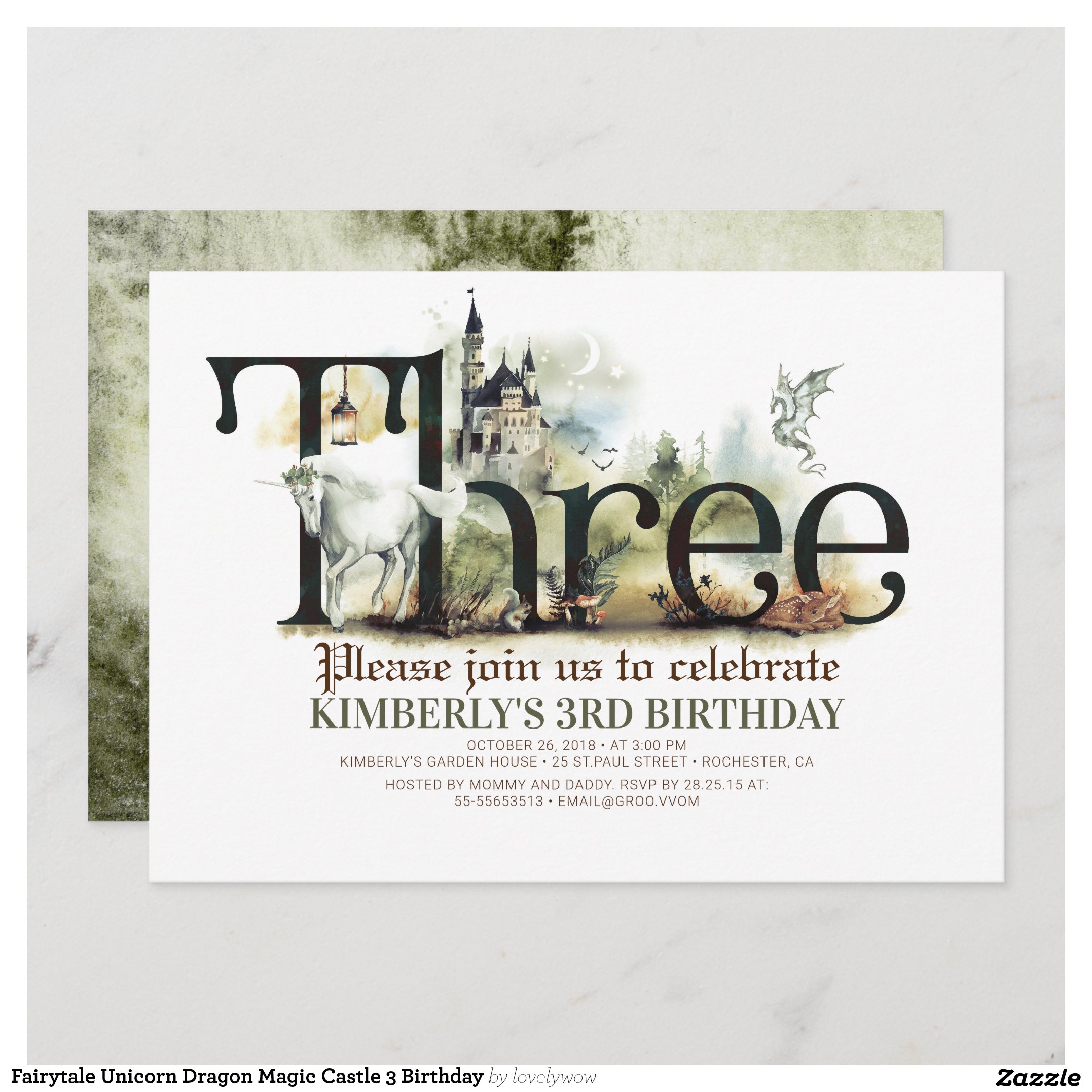 Fairytale Unicorn Dragon Magic Castle 3 Birthday Invitation