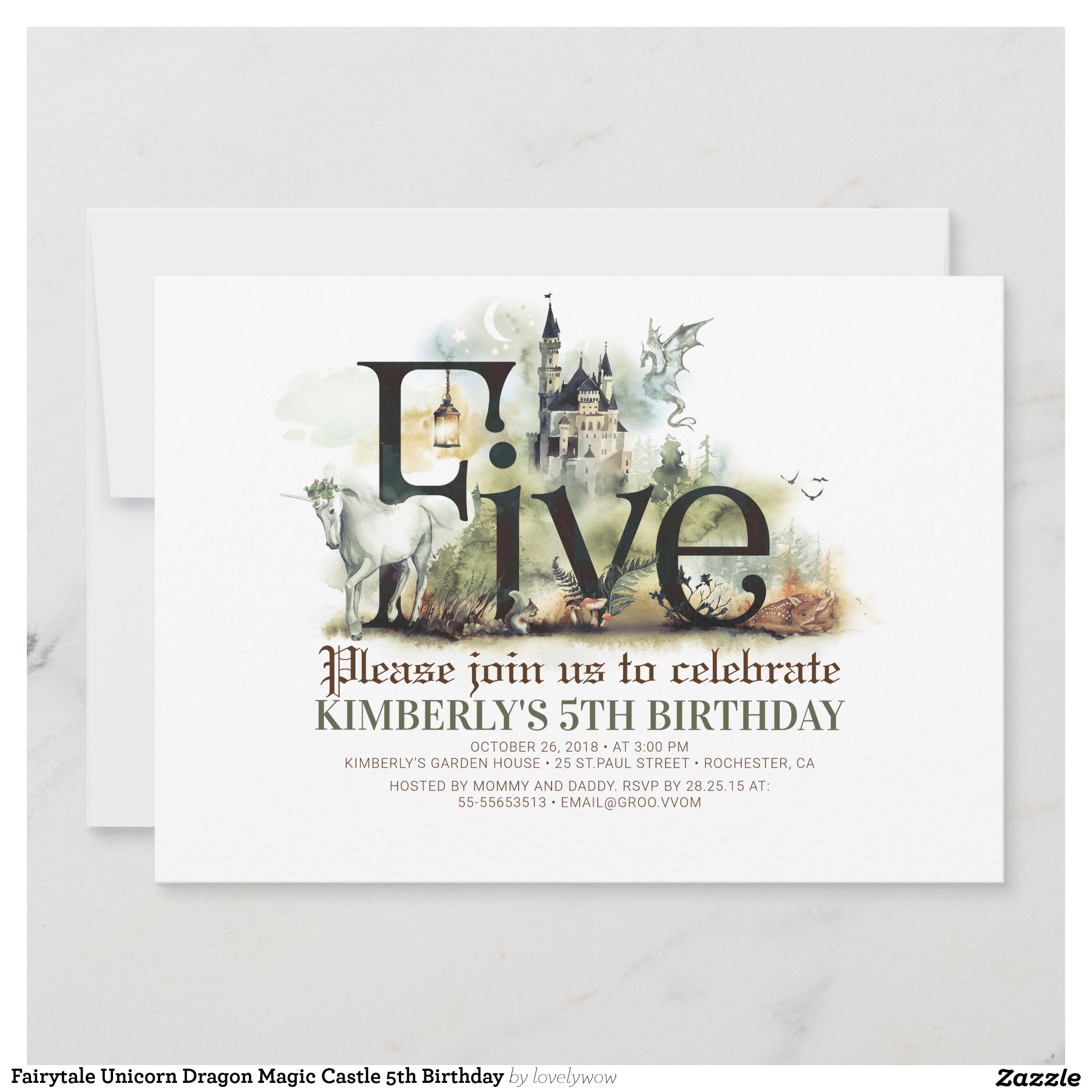 Fairytale Unicorn Dragon Magic Castle 5th Birthday Invitation