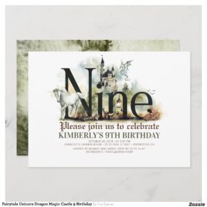 Fairytale Unicorn Dragon Magic Castle 9 Birthday Invitation