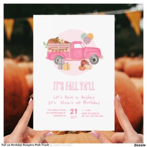 Fall 1st Birthday Pumpkin Pink Truck Invitation