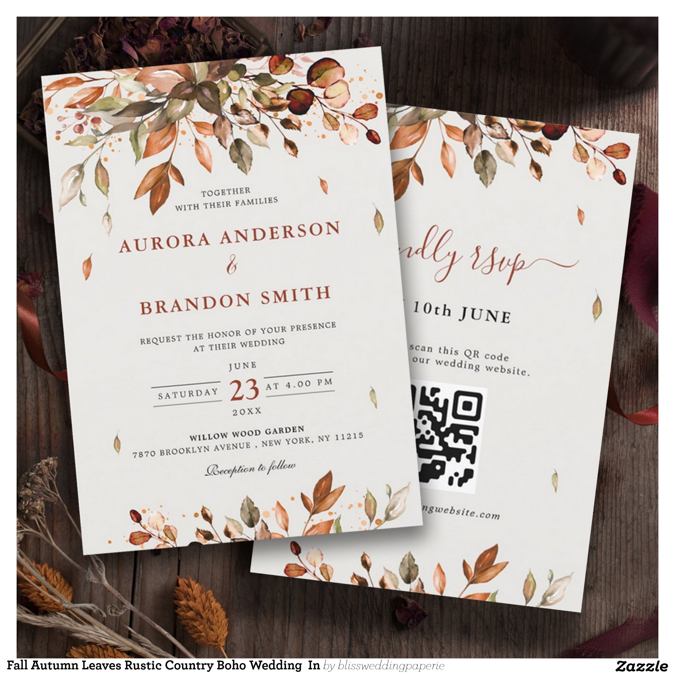 Fall Autumn Leaves Rustic Country Boho Wedding In Invitation