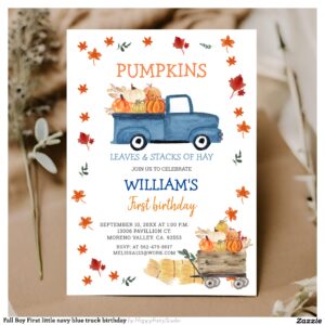 Fall Boy First little navy blue truck birthday Invitation