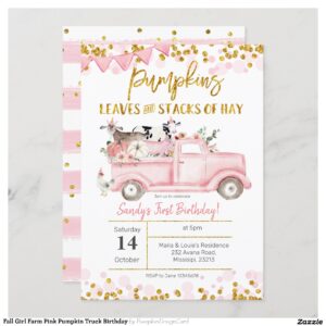 Fall Girl Farm Pink Pumpkin Truck Birthday Invitation