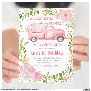 Fall Pink Pumpkin Truck Birthday Girl Invitation