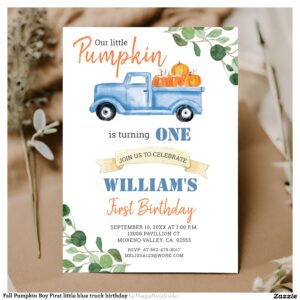 Fall Pumpkin Boy First little blue truck birthday Invitation