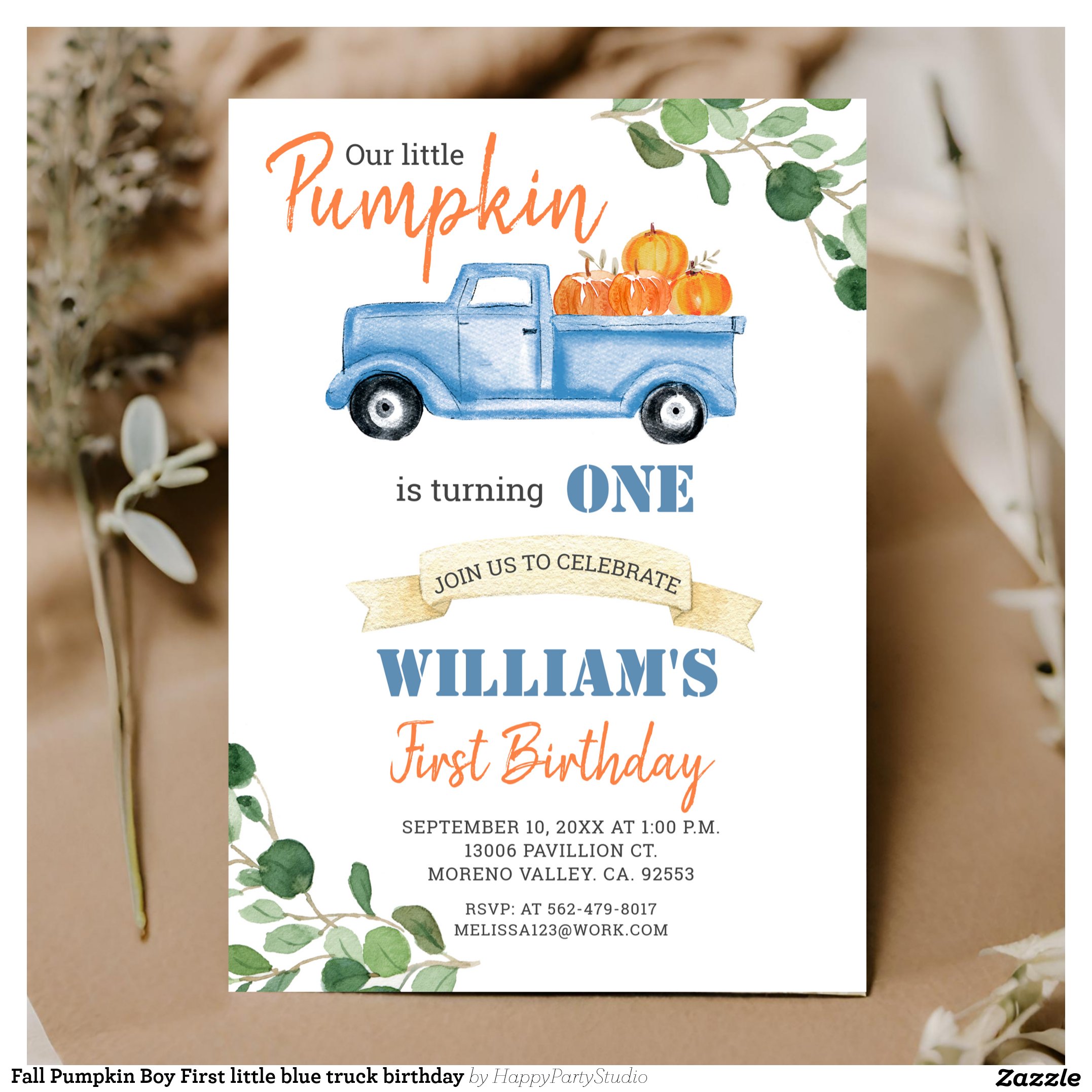 Fall Pumpkin Boy First little blue truck birthday Invitation