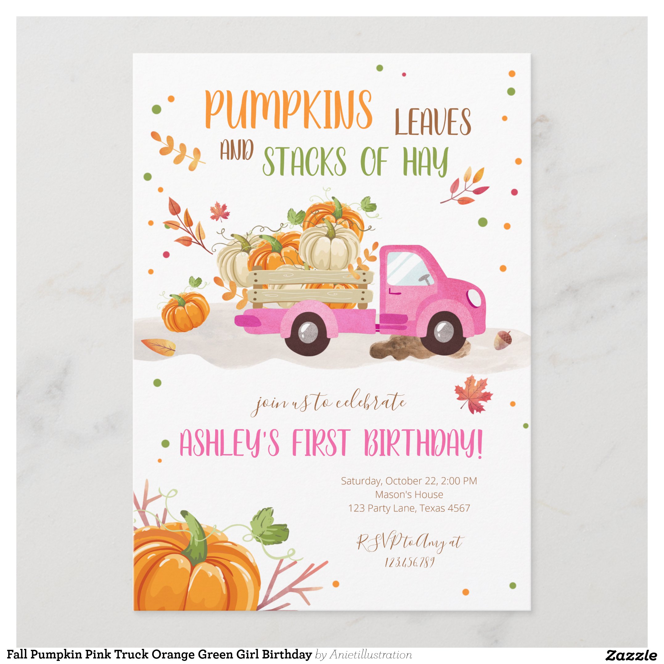 Fall Pumpkin Pink Truck Orange Green Girl Birthday Invitation