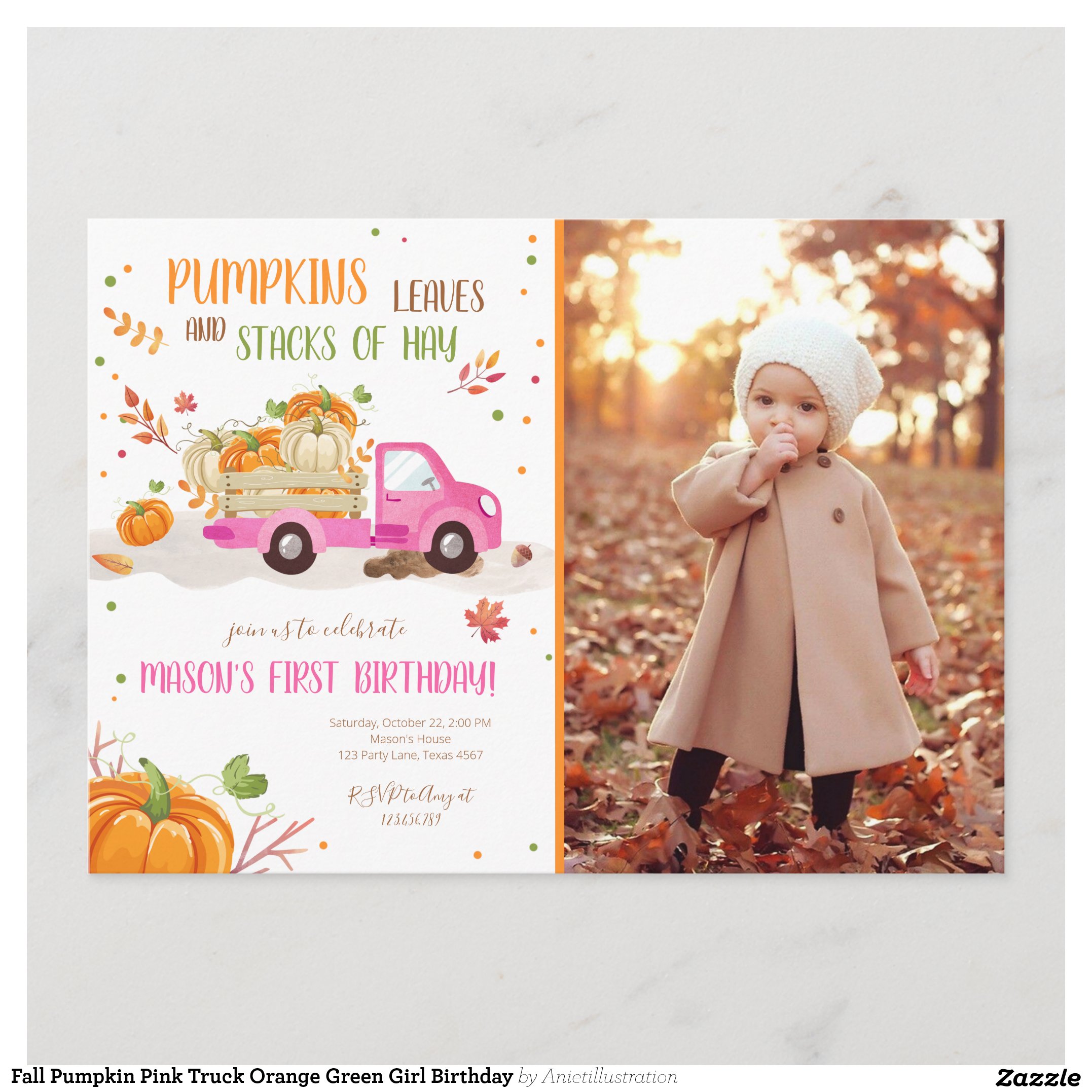 Fall Pumpkin Pink Truck Orange Green Girl Birthday Invitation
