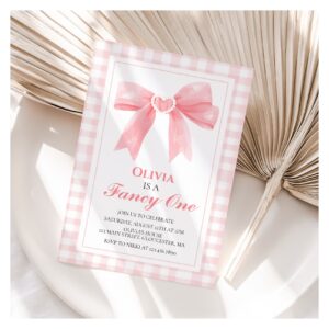 Fancy One Pink Bow preppy Coquette 1st birthday Invitation