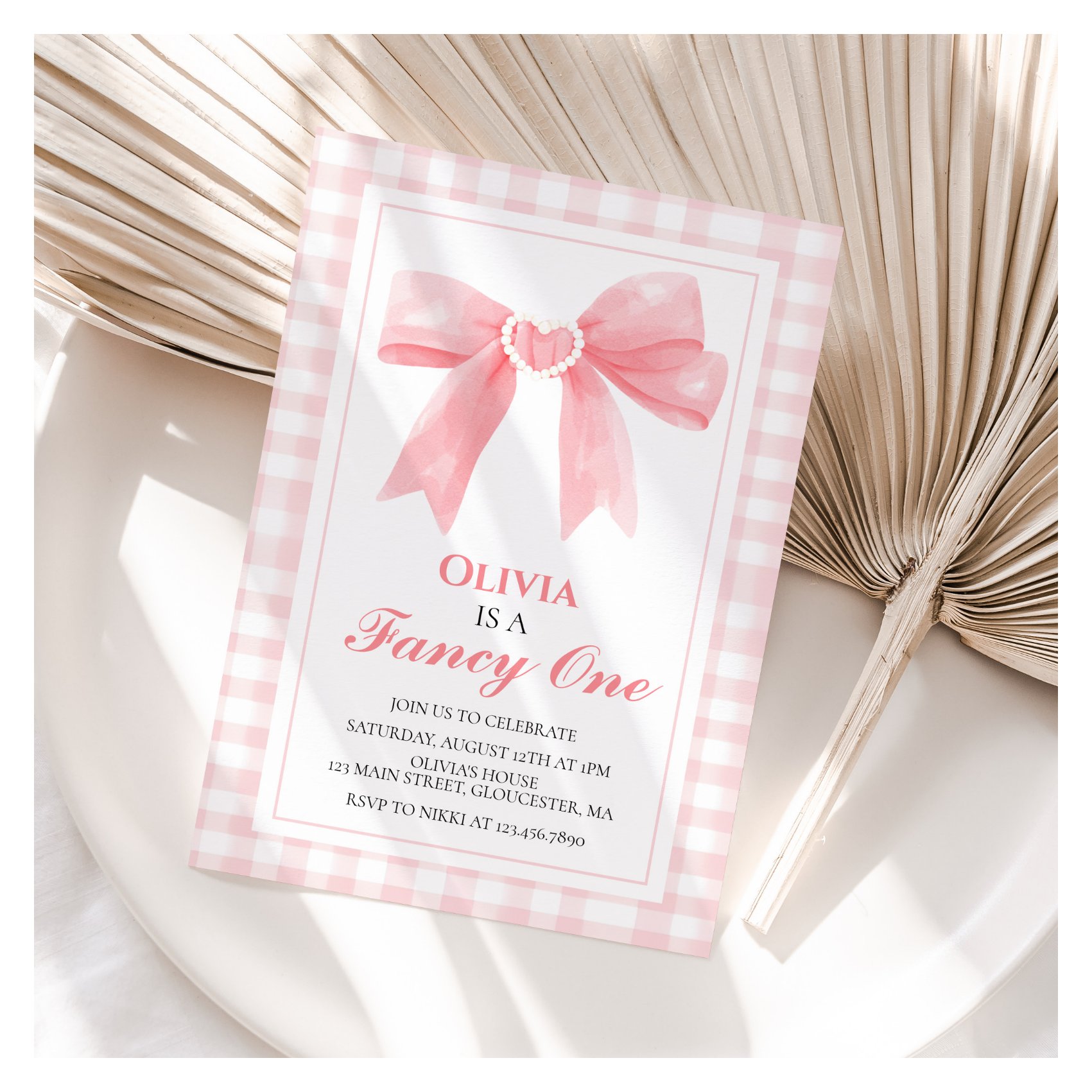 Fancy One Pink Bow preppy Coquette 1st birthday Invitation