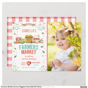 Farmers Market Grown Veggies Fruits Red Girl Party Invitation
