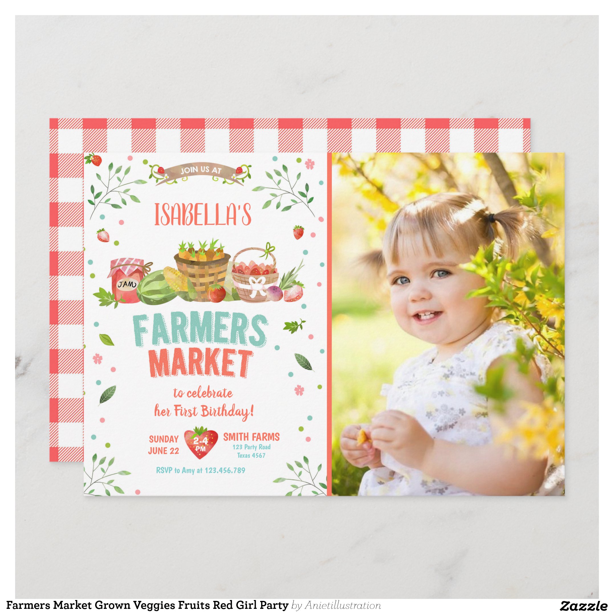 Farmers Market Grown Veggies Fruits Red Girl Party Invitation
