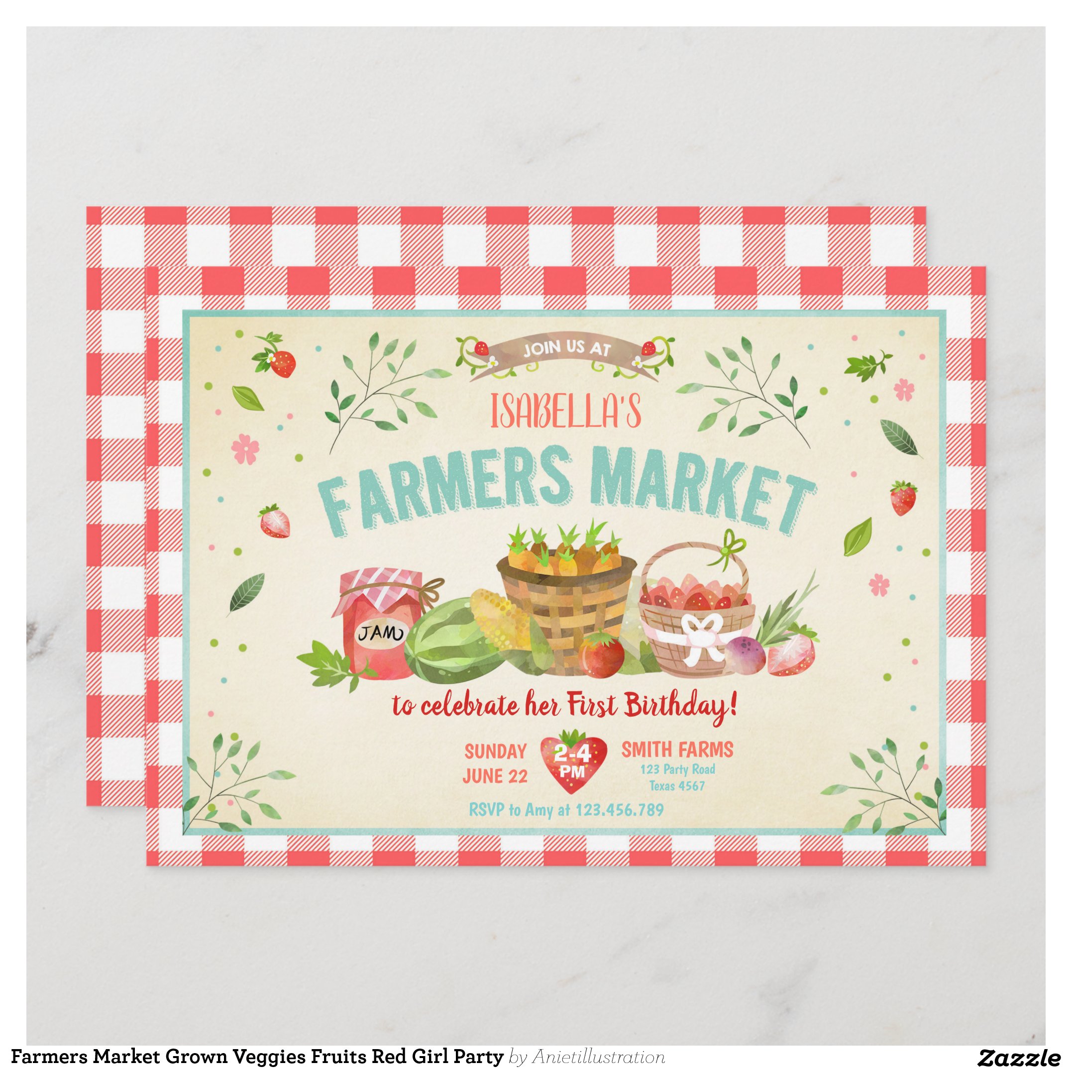 Farmers Market Grown Veggies Fruits Red Girl Party Invitation