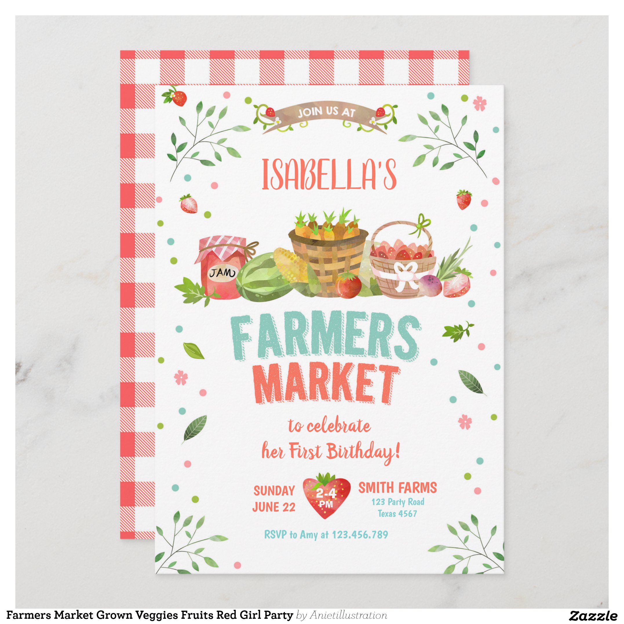 Farmers Market Grown Veggies Fruits Red Girl Party Invitation