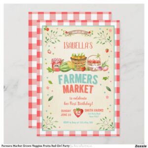 Farmers Market Grown Veggies Fruits Red Girl Party Invitation