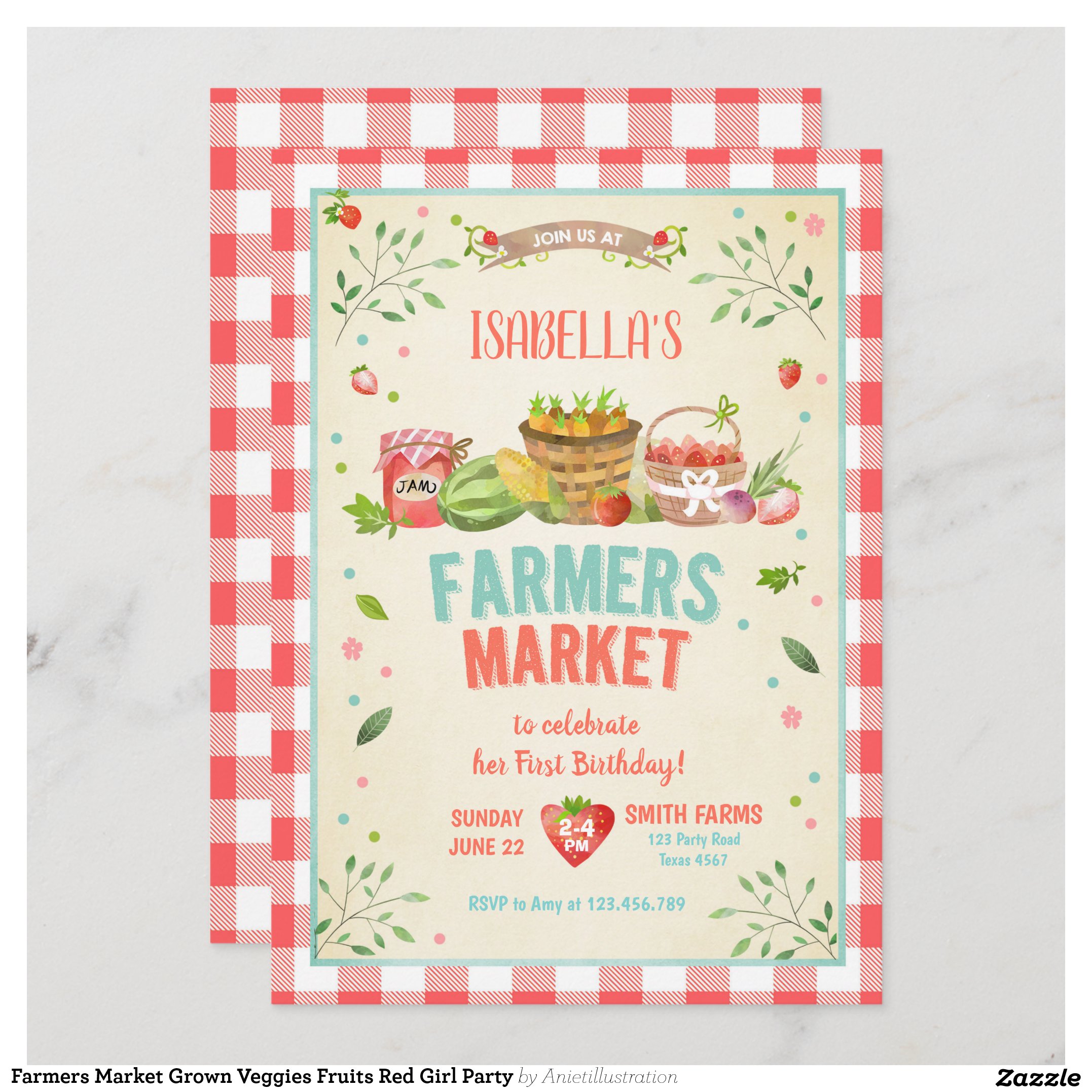 Farmers Market Grown Veggies Fruits Red Girl Party Invitation