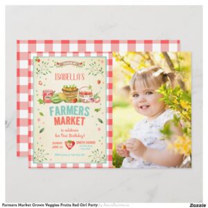 Farmers Market Grown Veggies Fruits Red Girl Party Invitation