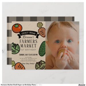 Farmers Market Kraft Paper 1st Birthday Photo Invitation