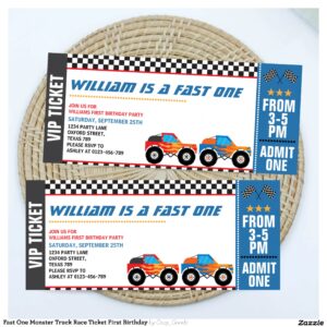 Fast One Monster Truck Race Ticket First Birthday Invitation