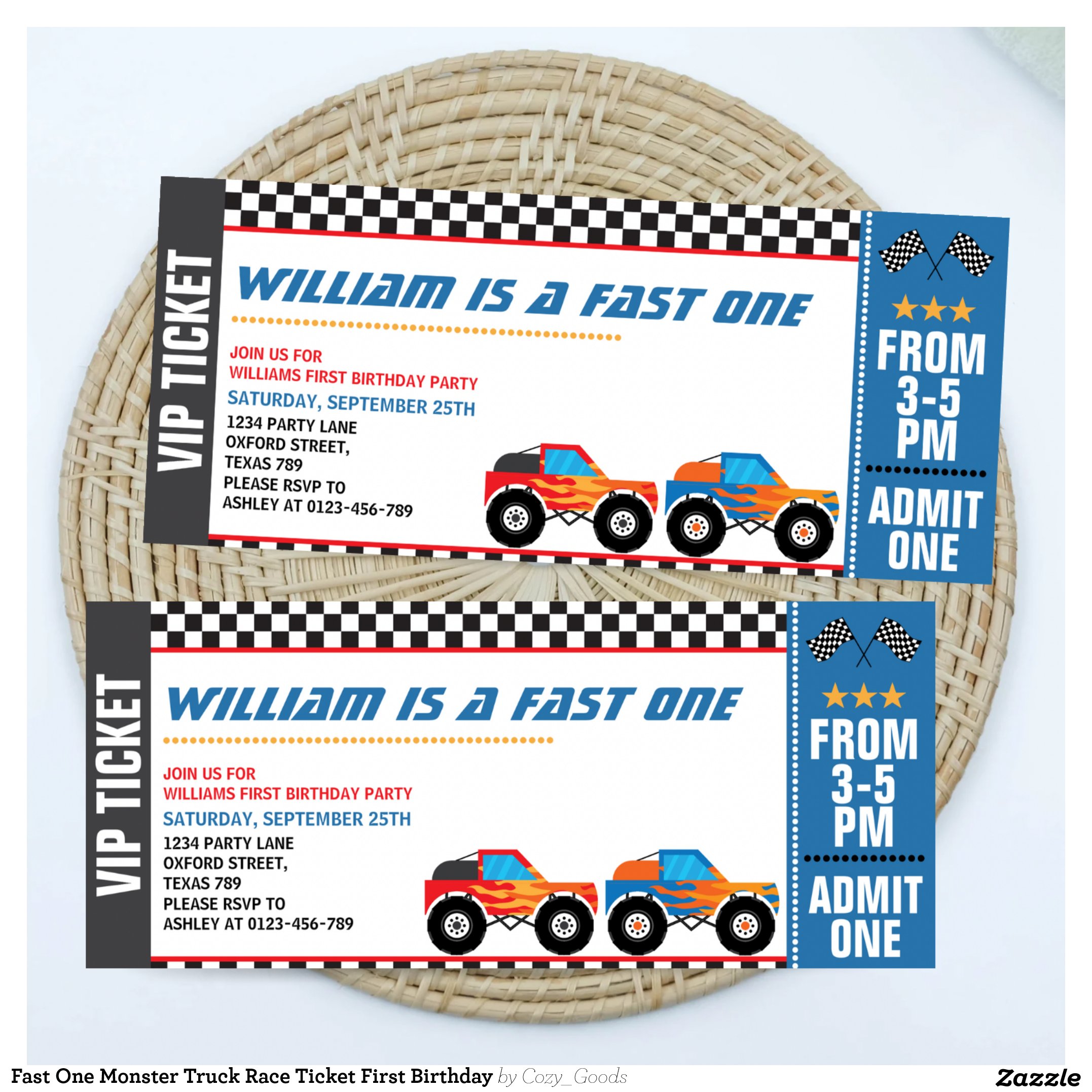 Fast One Monster Truck Race Ticket First Birthday Invitation