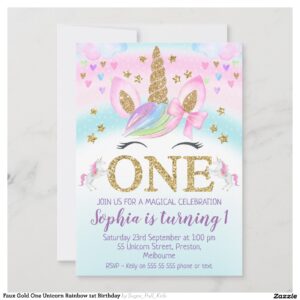 Faux Gold One Unicorn Rainbow 1st Birthday Invitation