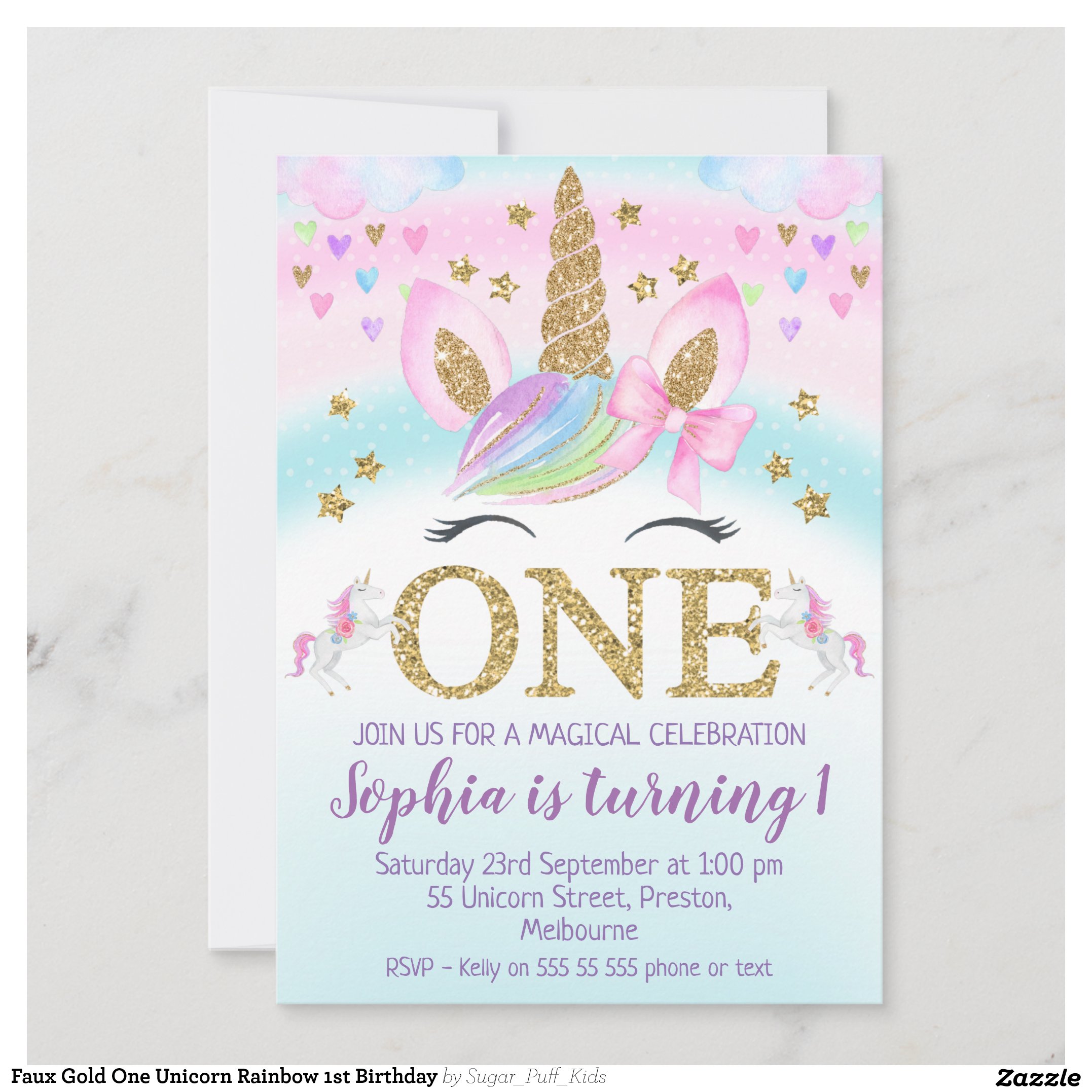 Faux Gold One Unicorn Rainbow 1st Birthday Invitation