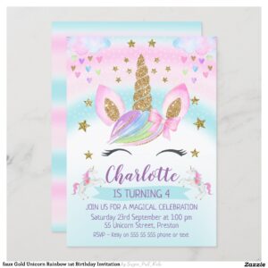 faux Gold Unicorn Rainbow 1st Birthday Invitation