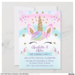 Faux Gold Unicorn Rainbow Joint Birthday Invitation