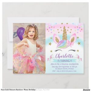 Faux Gold Unicorn Rainbow Photo Birthday Invitation