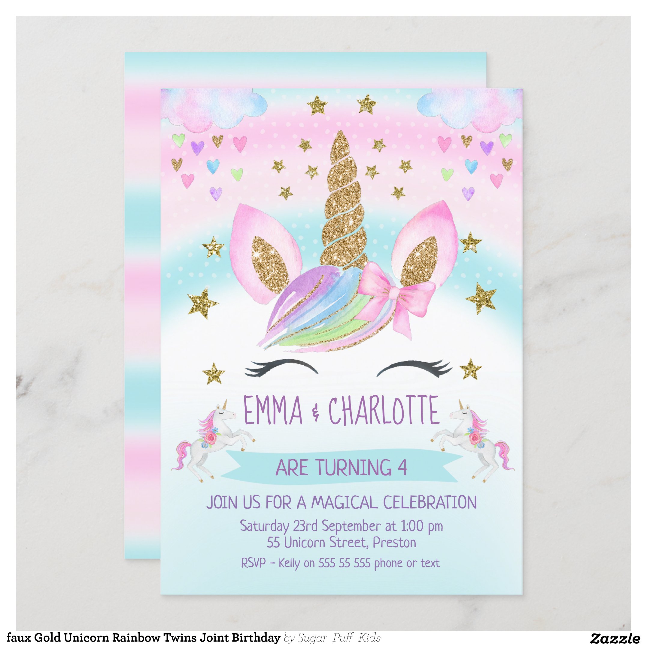 faux Gold Unicorn Rainbow Twins Joint Birthday Invitation