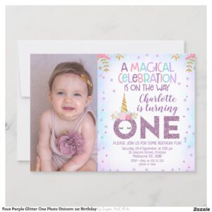 Faux Purple Glitter One Photo Unicorn 1st Birthday Invitation