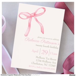 Feminine Coquette Watercolor Pink Cute Bow Invitation