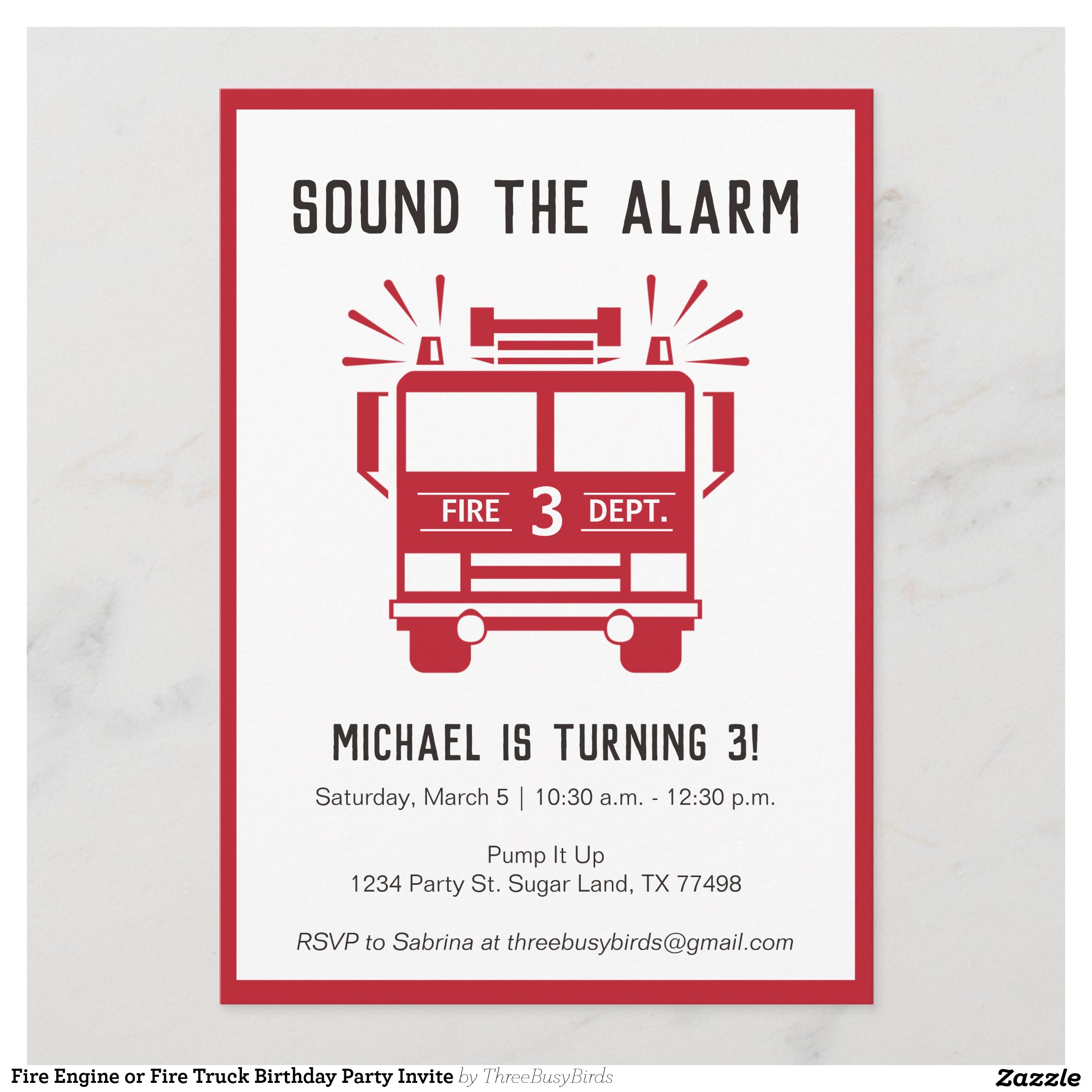 Fire Engine or Fire Truck Birthday Party Invite