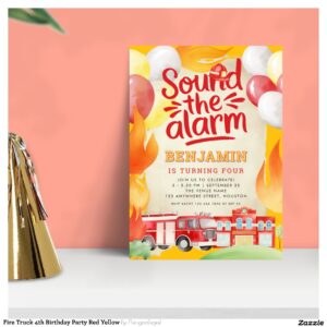Fire Truck 4th Birthday Party Red Yellow Invitation