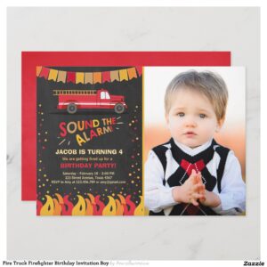 Fire Truck Firefighter Birthday Invitation Boy