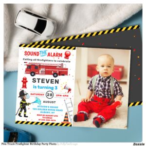Fire Truck Firefighter Birthday Party Photo Invitation