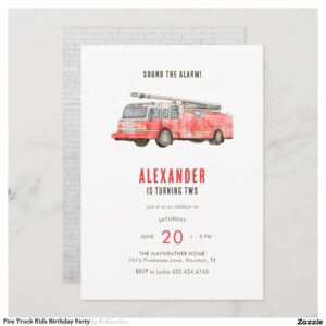 Fire Truck Kids Birthday Party Invitation